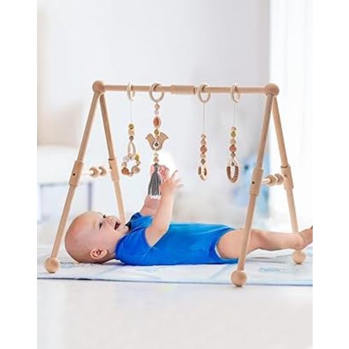 ROBOTIME Baby Play Gym, Wood Baby Play Gym with 4 Gym Toys for Baby Infant, Baby Gym for Stage-Based Sensory and Motor Skill Development, Newborn Infant Baby Essentials Gift (Natural)