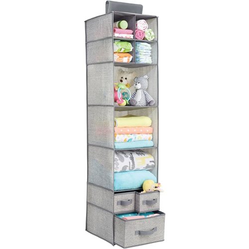 mDesign Fabric Hanging Organizer - Over Closet Rod Storage - 7 Shelves/3 Removable Drawers for Baby Nursery Bedroom Organization - Hold Clothes, Linens, Toys, Accessories - Lido Collection - Gray