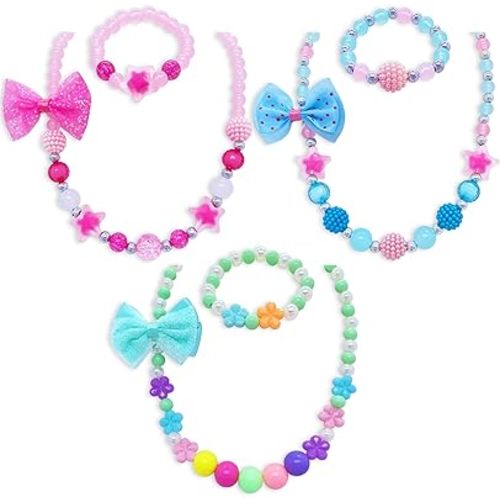 6 PCS Girls Necklace Bracelets with Cute Bow Pendant Kids Jewelry for Toddler Little Girls Play Jewelry Party Favor Princess Dress Up Jewelry Gift