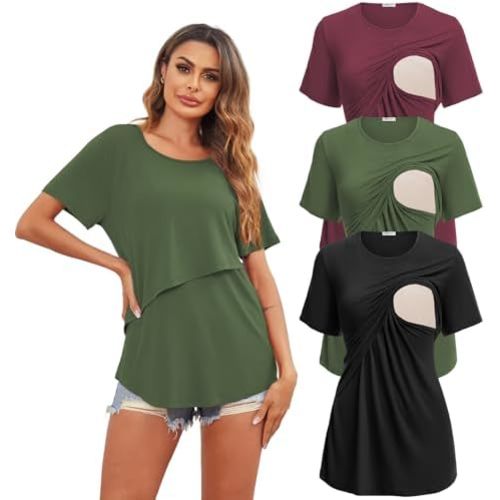Ekouaer Women's Maternity Shirts Short Sleeves Nursing Tops 3 Pack Double Laye Breastfeeding Tees Pregnancy Clothes S-XXL
