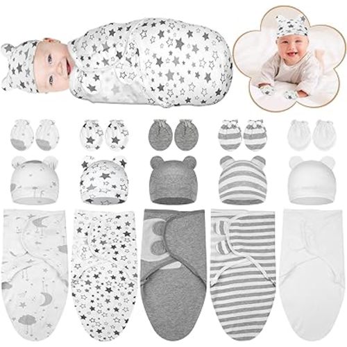 5 Pack Preemie Swaddle Blanket Wrap with Hat and Baby Mittens Set Cotton Preemie Baby Clothes Hat Receiving Blanket for 3-7 Lbs Newborn Boys Girls (Classic Style)