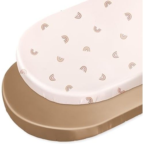 Unicorn Castle Satin Bassinet Sheets Baby 2 Pack Soft for Baby Hair Skin Fitted Bedside Bassinet Sheets for Newborn for Oval Rectangle Hourglass Bassinet Mattress,Beige Rainbow - Mocha