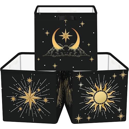 11.8" Sun Moon Celestial Storage Cube Organizer Set 3Pcs Clothes Storage Basket Bin for Closet Shelf Mid Century Modern Nursery Bedroom Book Toy Chest, Black Gold