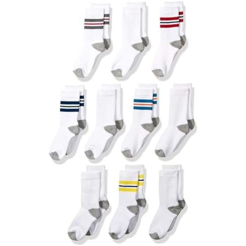 Amazon Essentials Boys' Cotton Crew Sports Socks - 10 Pairs