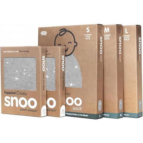 Happiest Baby The Big Bundle 100% Organic Cotton - Includes 3 SNOO Sacks and 2 SNOO Bassinet Fitted Sheets (Graphite Stars)
