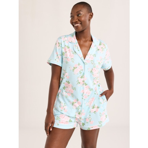 Joyspun Women’s Dreamy Soft Collection Bridal Short Sleeve Knit Notch Collar Top and Shorts Pajama Set, 2-Piece, Sizes XS-3X