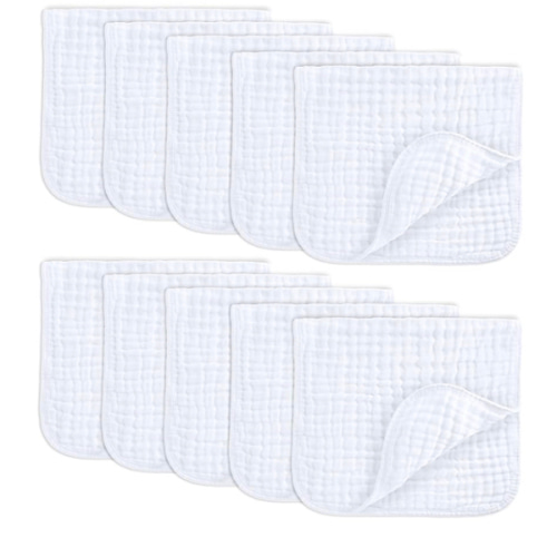 Comfy Cubs Muslin Burp Cloths 20" x 10", Pack of 10 - Large, 6-Layer, Ultra Absorbent 100% Cotton for Baby Drool and Messes - Soft, Safe & Gentle Baby Burp Cloths for Boys & Girls - White
