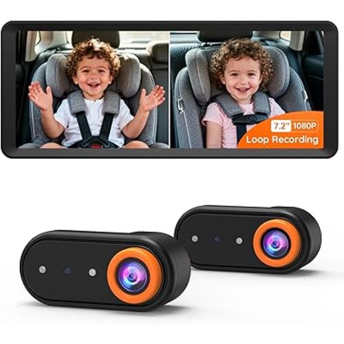 BM5 MAX 1080P HD Dual Baby Car Camera with Recording, 7.2” Split Screen Monitor for 2 Kids, Dual Car Baby Monitor Car with Auto Night Vision, Easy Installation Backseat Camera for Baby