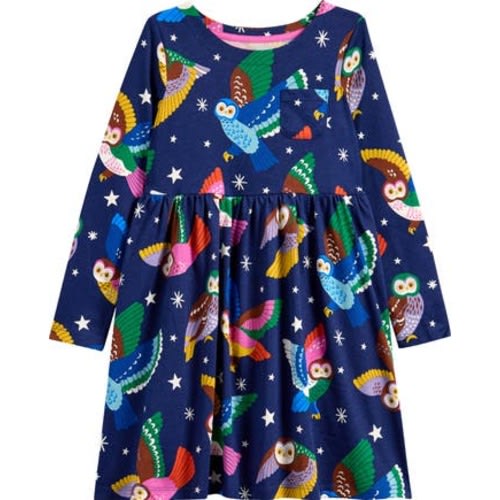 Kids' Owl Print Long Sleeve Cotton Jersey Dress, 3-4Y