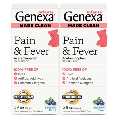Genexa Infants’ Clean Pain & Fever Acetaminophen, Dye Free, 0% Artificial Additives, Delicious Organic Blueberry Flavor, Liquid Oral Suspension Medicine for Baby, 160 mg per 5mL, 4 fl oz (2 Pack)
