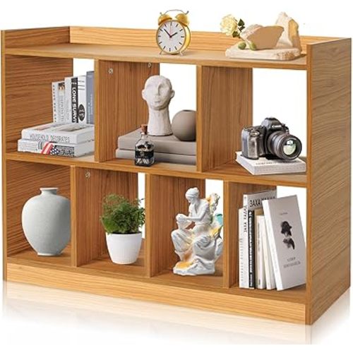 DOUSY- 35.43" Wodden Cube Bookshelf, Open Shelf Bookcase with Base, 7 Cube Bookshelves 2 Tier Freestanding Cube Storage Organizer Display Shelf for Bedroom, Living Room, Office, Kids Room