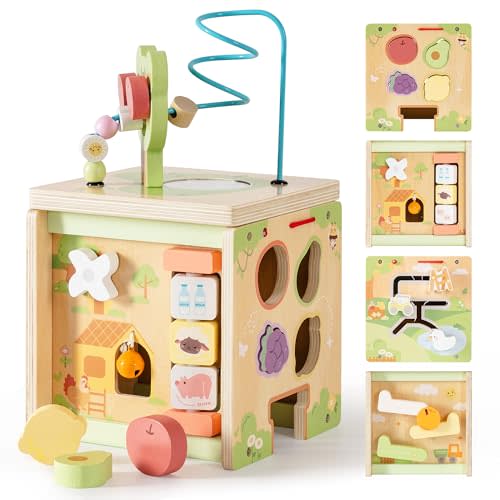 ROBOTIME Wooden Activity Cube with Bear Orchard Theme, 9-in-1 Montessori Toys for 12M+ Boys & Girls, Educational Learning Toys for Toddlers Age 1-3, 1st Birthday Gift
