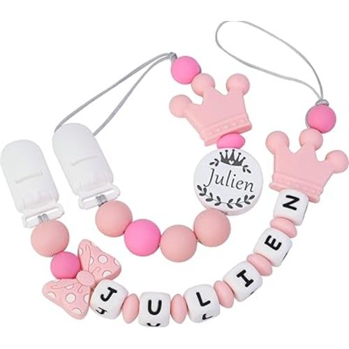 Personalized Pacifier Clip with Name, Customizable Pacifier Clip (2 Pack) (Crown-Pink)