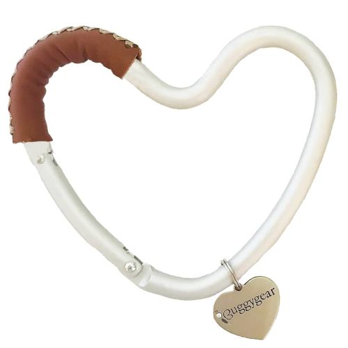 Buggy Heart Hook by BUGGYGEAR Silver Aluminum/Brown Leather- The Perfect Way to Carry Your Baby Diaper Bag - Use The Hook on Your Stroller Handle Bars and Let The Hooks Do The Work Buggy Gear