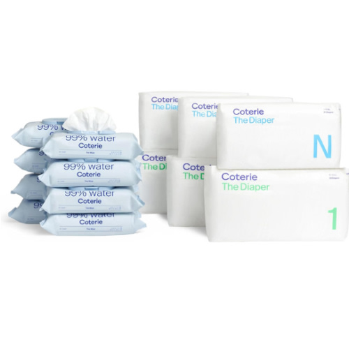 Coterie Baby Diapers + Wipes Baby Kit, Size 1 (99 Count) Size Newborn (93 Count) 8 Wipe Packs (448 Count) Made with Plant Derived Fibers, Hypoallergenic, Designed for Sensitive Skin, Clean Ingredients : Baby