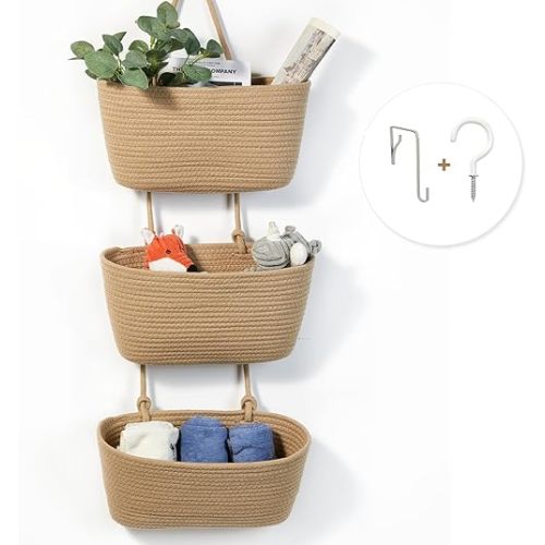 DULLEMELO Wall Baskets for Storage, 3-Tier Woven Cotton Hanging Baskets for Organizing, Jute Wall Hanging Baskets with Door Hooks, Over The Door Basket