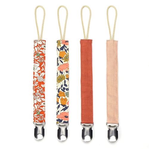 Pacifier Clips Baby Girl, Binky Clip Holder, 4 Pieces, Floral, Cotton and Linen Soft Fabric, for Babies During Teething - multicolored