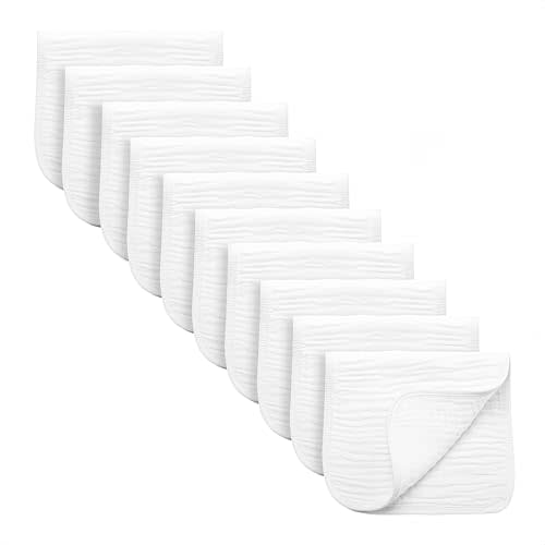 Synrroe Burp Cloths Large, Muslin Burp Cloths for Baby Girls and Boys, Pack of 10 Extra Absorbent and Soft Muslin, 6 Layers 20 by 10 Inches 100% Cotton (White 10 Pack)