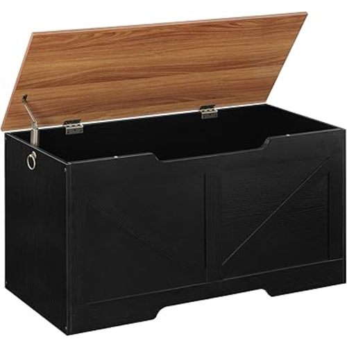 HOOBRO Storage Bench, 39.4" Retro Wooden Storage Chest with U-Shaped Cut-Out Pull, Safety Hinge, Supports 220 lb and Easy Assembly for Toy Box Organizer (Black and Walnut) BH771CW01