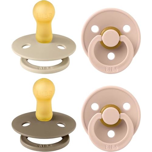 BIBS Color Soother, BPA Free Dummy Pacifier, Round Nipple. Natural Rubber Latex, Made in Denmark. 6-18 Months (Pack of 2) total 4 counts, Baby Blush Colors