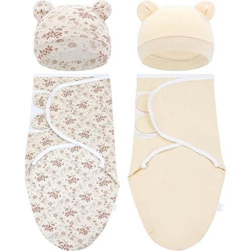 Cinaci 2 Pack Adjustable Soft Cotton Blend Newborn Baby Receiving Swaddle Blankets Sleep Sacks with Nursery Hats Caps Beanies Bonnets for Baby Girls Boys Newborns Infants