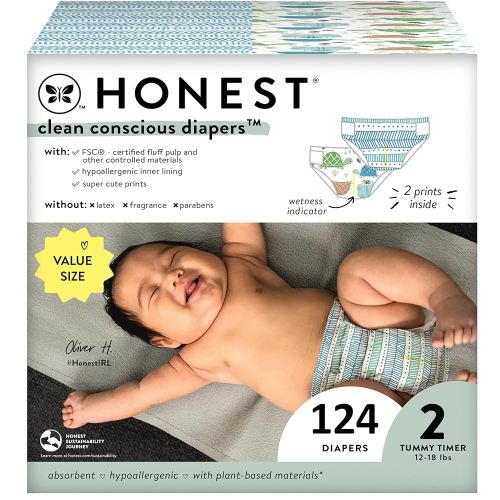 The Honest Company Clean Conscious Diapers for Sensitive Skin | Hypoallergenic, Fragrance Free | Gender Neutral Prints | Super Club Box, Size 2 (12-18 lbs), 124 Count (Prints May Temporarily Vary)