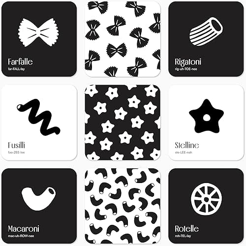 Pasta for Baby High Contrast Cards Sensory Toy Learning Activity Large Black and White Flash Cards Newborn Tummy Time Play 0+ Months Infant Essentials Curious Baby Activity Gift Set