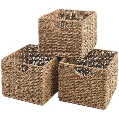 The Lakeside Collection Set of 3 Wicker Storage Basket Bins for Organizing Closet Shelf, Bathroom, Crafting, Kitchen, or Kids Room - Empty Handwoven Seagrass Cubes with Handle for Tidy Organization
