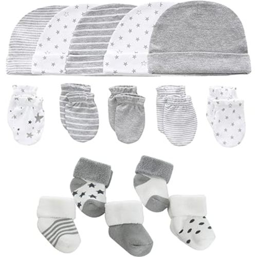 Baby Caps Mittens and Thick Warm Socks Cotton Newborn Essentials Accessories (Hats+Gloves+Terry Socks),0-6 Months