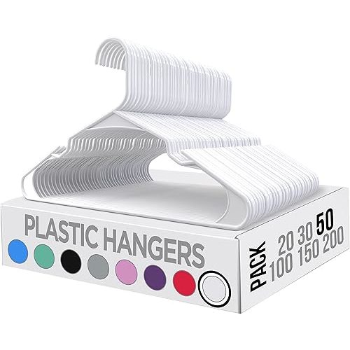 Utopia Home Plastic Hangers 50 Pack - Perfect for Clothes Hangers Space Saving - Durable and Strong Coat or Pant Hangers for Closet Organizers and Storage with Shoulder Grooves (White)