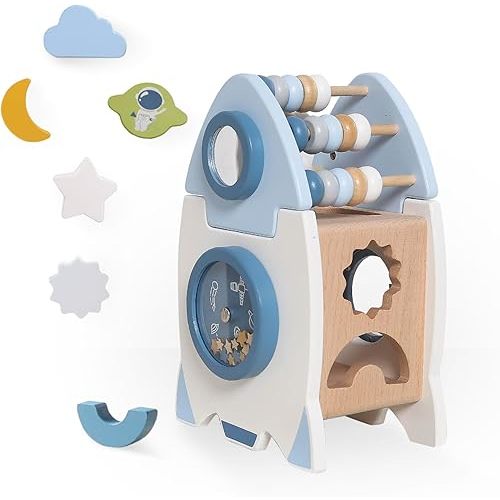 Wooden Space Toy for Baby 1 Year Old, Montessori Toys for Babies 12-18 Months, Toddler Rocket Toy Age 1-3, Sensory Activity Cube Learning Game, 1st Birthday Gift for Boys and Girls