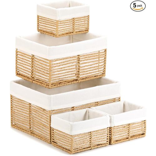 Vagusicc Wicker Storage Basket, Hand-Woven Paper Rope Wicker Baskets, Rectangular Small Wicker Baskets for Organizing, Cube Storage Bins for Closet/Clothes/Dresser, Natural, 5-Pack