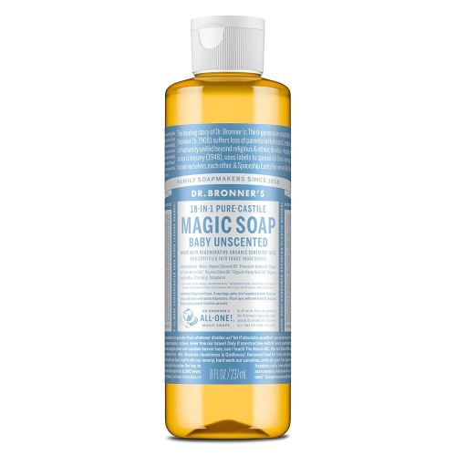 Dr. Bronner's Pure-Castile Magic Liquid Soap (Baby Unscented, 8 Ounce)- Made with Organic Oils, 18-in1 Uses: Face, Body Wash, Baby Soap, Sensitive Skin, No Added Fragrance, Vegan, Non-GMO