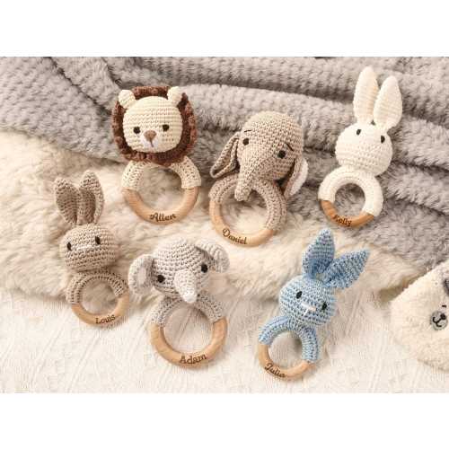 Personalized Crochet Rattle, Custom Animal Rattle, Newborn Baby Gift, Baby Shower Gift, Wooden Rattle Toy, Engraved Rattle Ring with Name