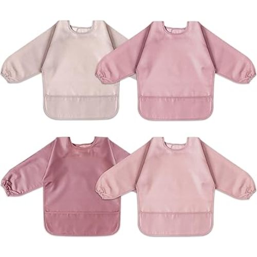 4 Pack Long Sleeve Bib, Waterproof Sleeved Smock for Baby Boy or Girl, Reusable Bib with Pocket, Ages 6-24 Months