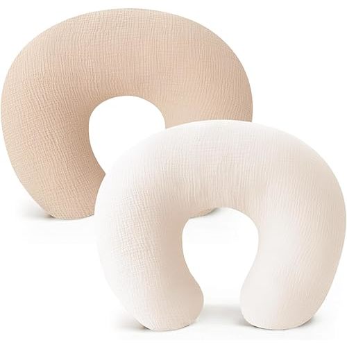 Konssy 2 Pack Muslin Nursing Pillow Covers, Soft and Adorable Nursing Cover for Breastfeeding Pillows, Pillow Slipcover for Baby Girls Boys Newborn(Oat, Wheat)