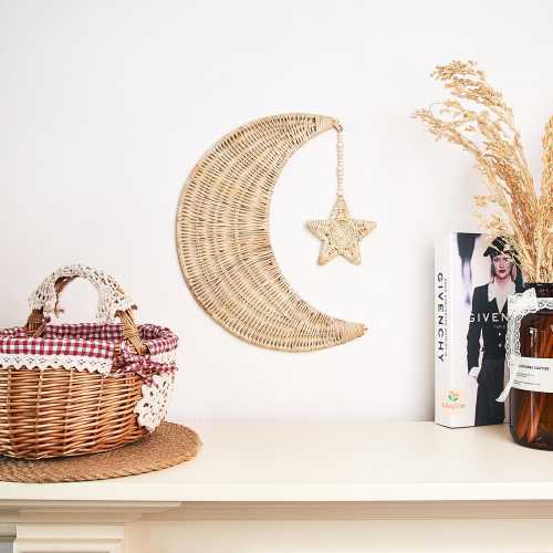 Rattan Wicker Moon and Star Wooden Beads Handmade Nursery Wall Art Decor