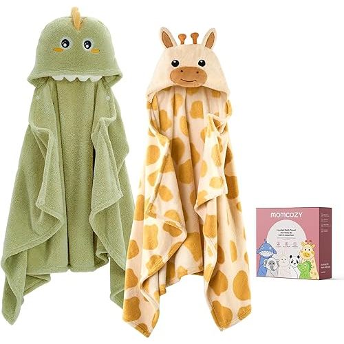 Momcozy Baby Bath Towels with Hooded -Visualize Health Label -Soft & Absorbent Coral Fleece Towel for Comfort & Warm - Bath Essential or Shower Gift for Newborn, Infant,Toddler (Large, 28 x 55 Inch)