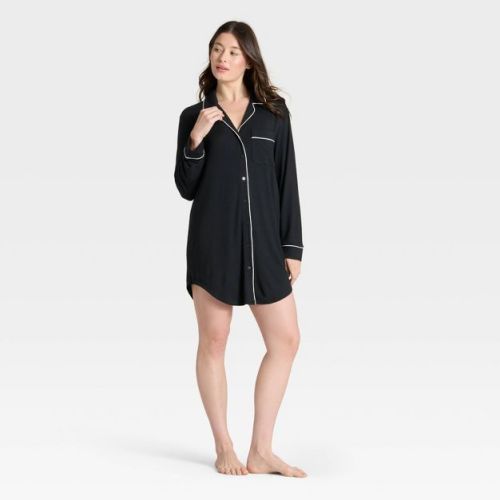 Women's Cloud Knit Modal Notch Collar Long Sleeve Nightgown - Auden™ Black S