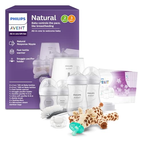 Philips Avent Natural All-in-One Baby Gift Set, Bottles with Natural Response Nipples 2x 4oz (Slow Flow, Flow 2), 2x 9oz (Medium Flow, Flow 3), Bottle Warmer, Soothie & Ultra Soft Pacifiers, SCD839/01