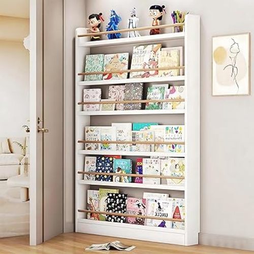 Behind The Door Bookshelf, 6 Tier Wooden Bookcases with Open Display Shelves, Behind The Door Storage Organizer for Toys and Books, Space-Saving Wall Mount Narrow Book Shelf