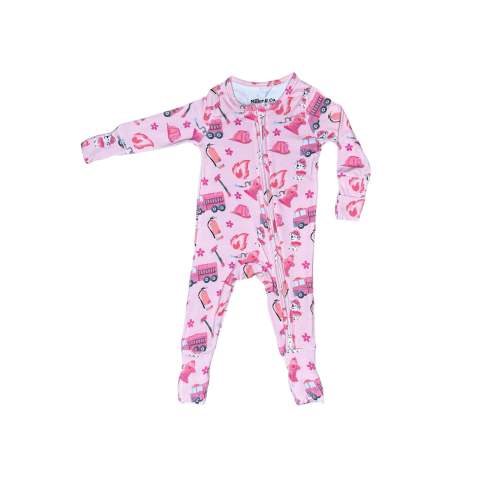 Pink Firefighter Bamboo Zipper Footie