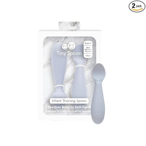 ezpz Tiny Spoon (2 Pack in Pewter) - 6 Months+ - 100% Silicone Spoon for Baby Led Weaning + Purees - Designed by a Pediatric Feeding Specialist - Shower Essentials & Gifts
