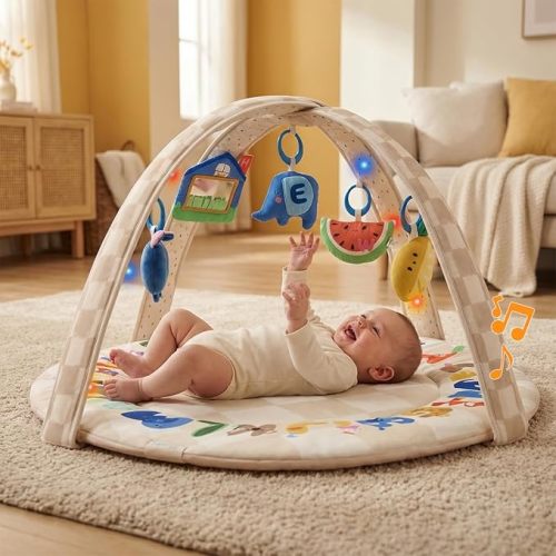 Baby Play Gym & Activity Mat with Light-up Musical Arch, Washable Tummy Time Mat with 6 Detachable Sensory Toys for Motor Skills, Baby Essentials Shower Gift - ABC123