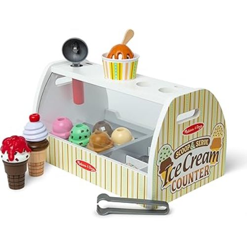 Melissa & Doug Wooden Scoop and Serve Ice Cream Counter With Play Food and Accessories (28 Pcs) Pretend Food, Ice Cream Toys, For Kids Ages 3+