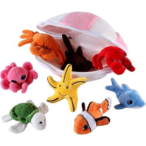 Plush Soft Stuffed Ocean Sea Animals Playset with Plush Shell Package House for Storage Includes Stuffed Turtle, Lobster, Crab, Dolphin, Stingray Fish, Octopus, Starfish, Nemo Striped Fish (8 Piece)