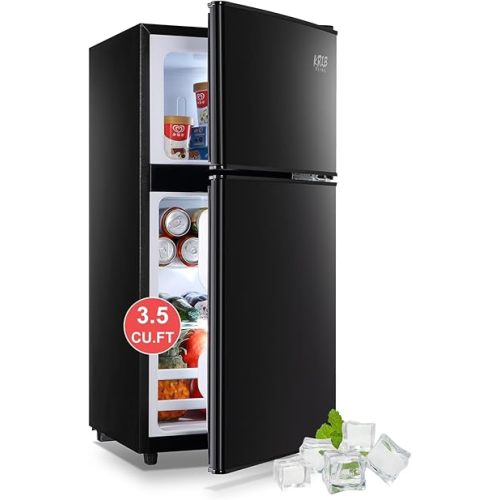 KRIB BLING Refrigerator with Freezer 3.5 Cu.Ft with 7 Level Adjustable Thermostat Control 2 Door Energy Saving Top-Freezer Compact Refrigerator Black