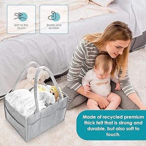 Cute Castle 2 Pack Diaper Caddy Organizer - Portable Baby Caddy Organizer with Handle, Nursery Storage Bin and Car Organizer for Girls, Boys - Baby Gift Basket - Grey - Regular