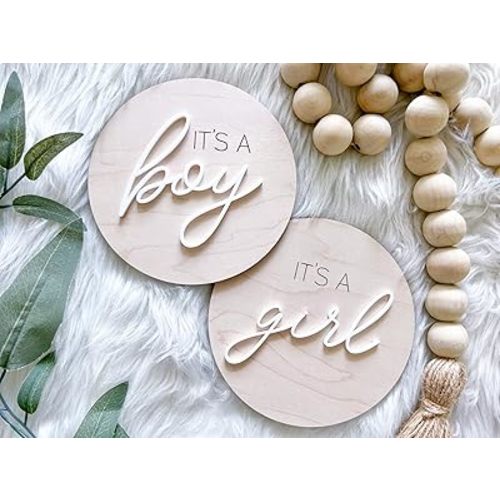 FELIXTA SET 2 OF He's Here/She's Here Wooden Baby Announcement Sign, WHITE (01)