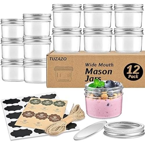 TUZAZO Small Mason Jars 12 Pack, 4 oz Mini Glass Mason Jars with Lids and Labels, Small Glass Canning Jars for Jelly Spice Herbs Honey Jam Storage